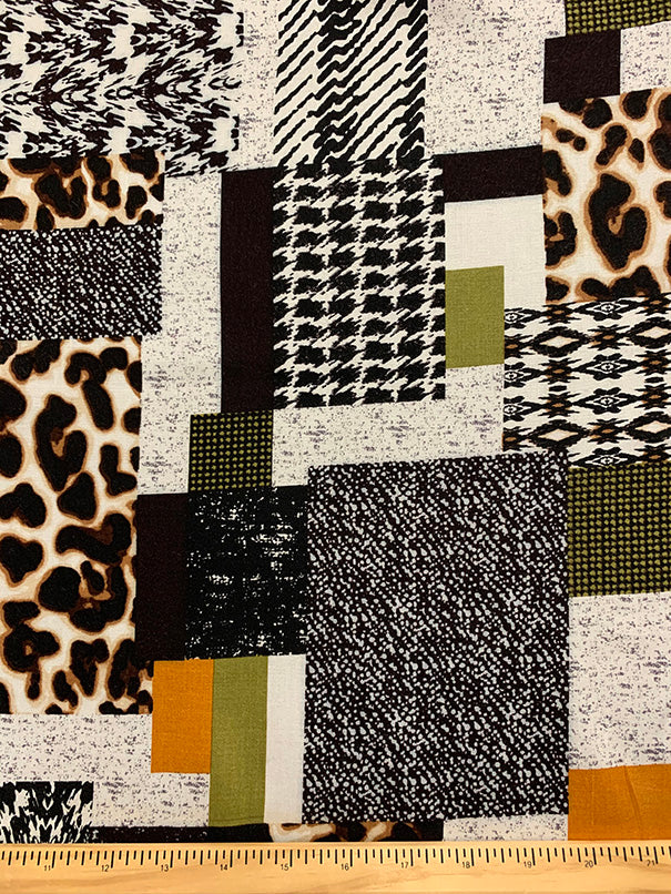 Orange and Olive Patchwork Print Rayon Challis Fabric