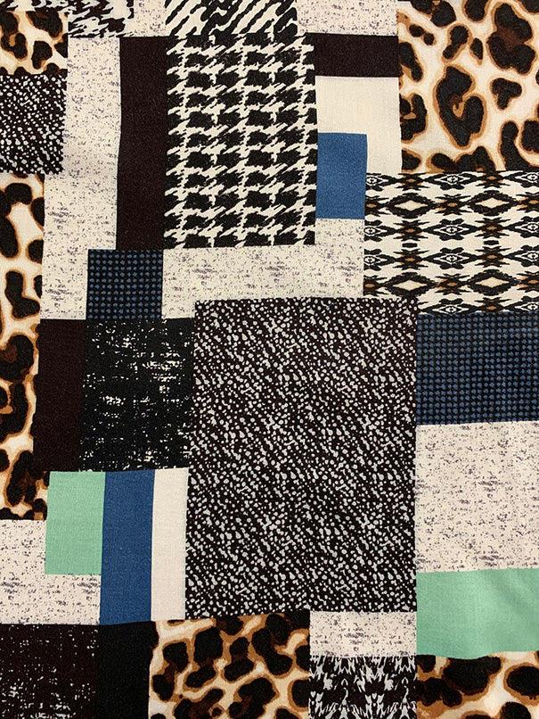 Aqua and Blue Patchwork Print Rayon Challis Fabric