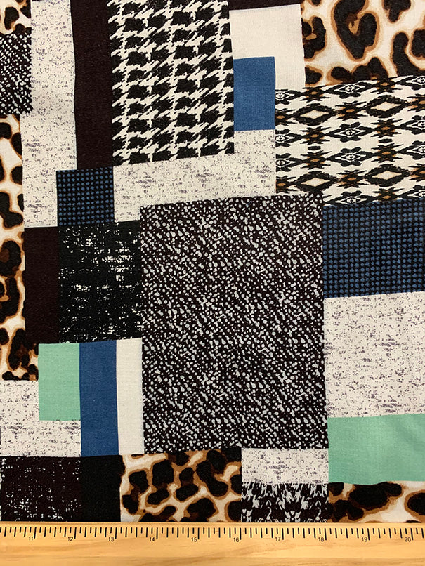 Aqua and Blue Patchwork Print Rayon Challis Fabric