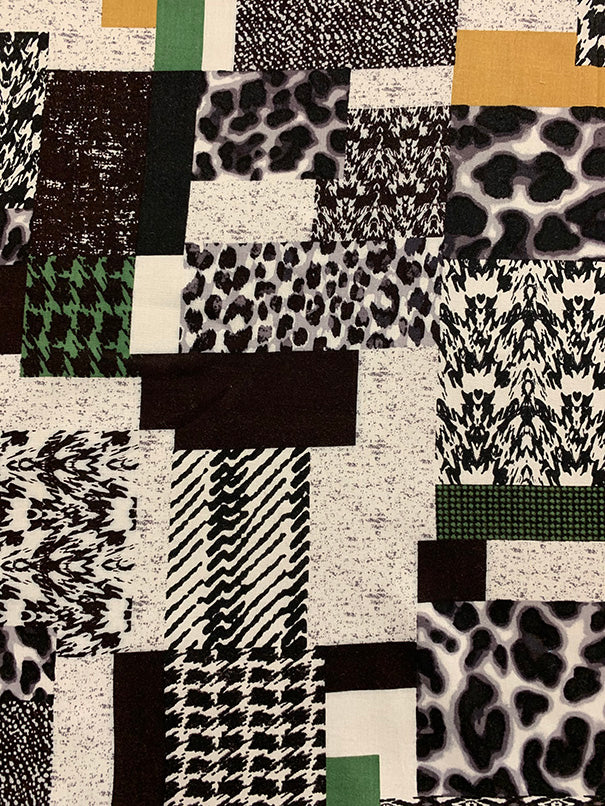 Green and Gold Patchwork Print Rayon Challis Fabric