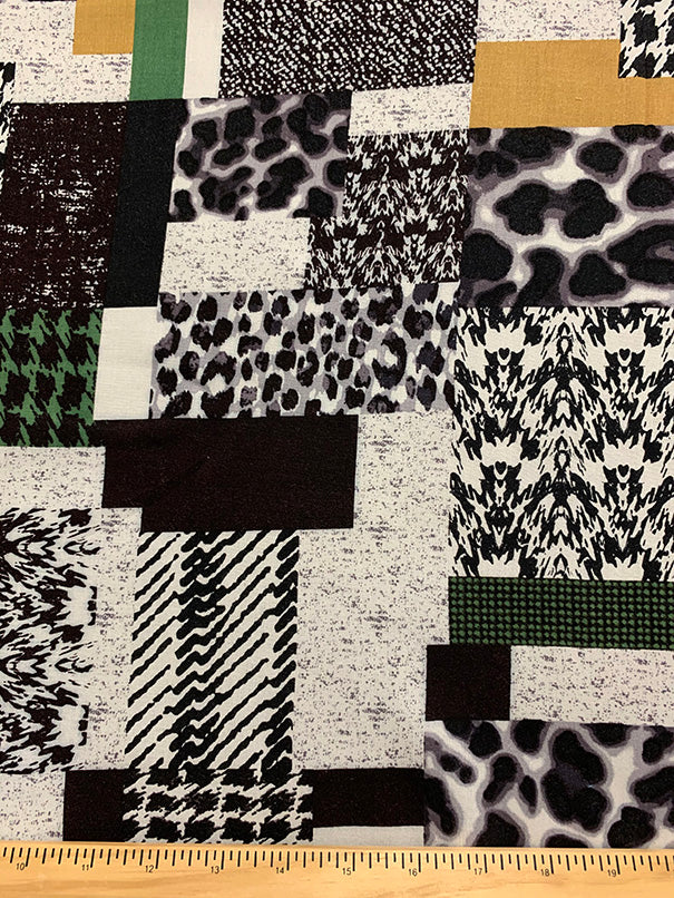 Green and Gold Patchwork Print Rayon Challis Fabric