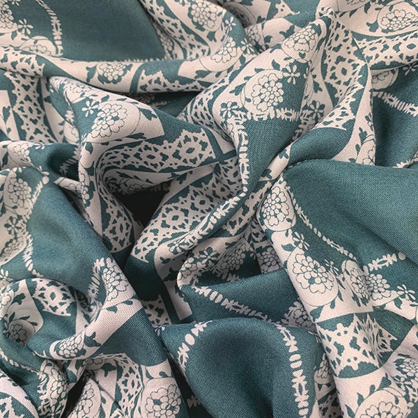 Green and White Lace Look Print Rayon Challis Fabric