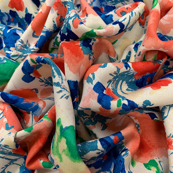 2 YD PC-White and Coral Floral Print Rayon Challis Fabric