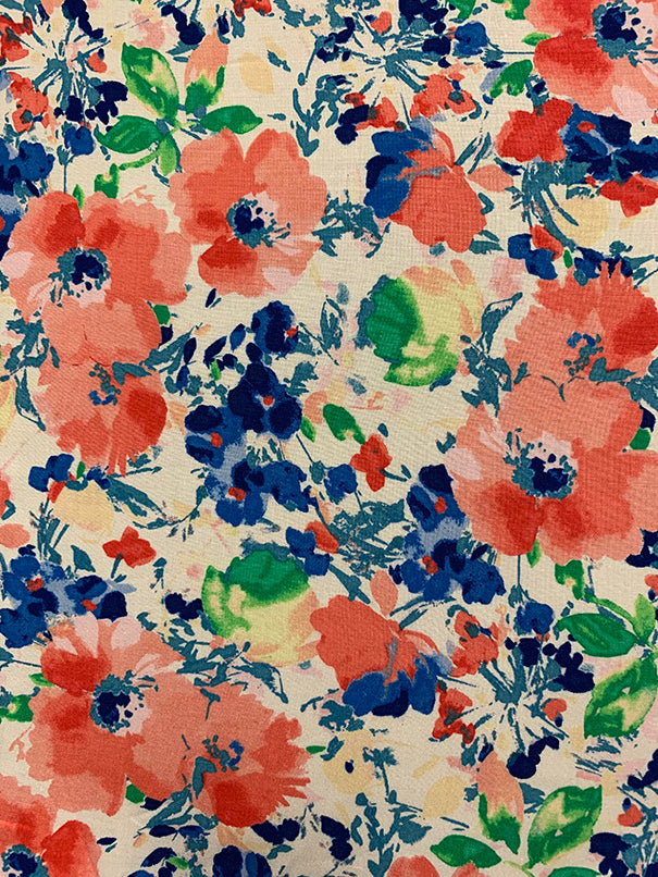 2 YD PC-White and Coral Floral Print Rayon Challis Fabric