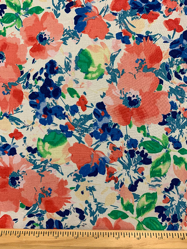 2 YD PC-White and Coral Floral Print Rayon Challis Fabric