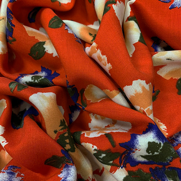 1 YD PC-Orange and Blue Floral Print Rayon Challis Fabric