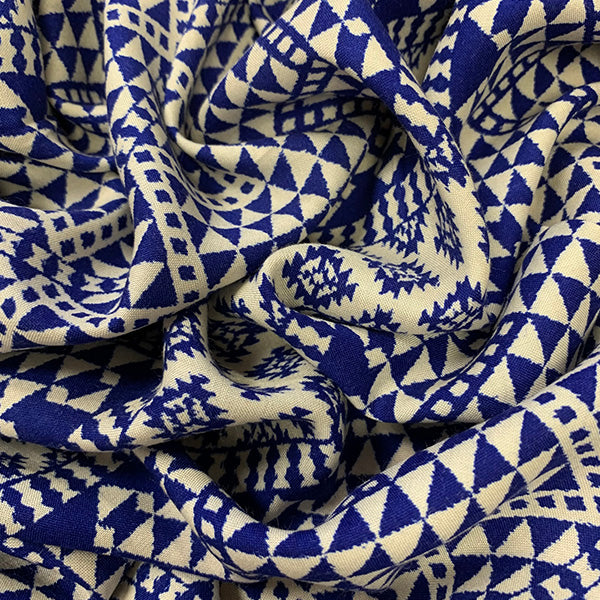 Blue and White Multi Print Stripe Rayon Challis Fabric