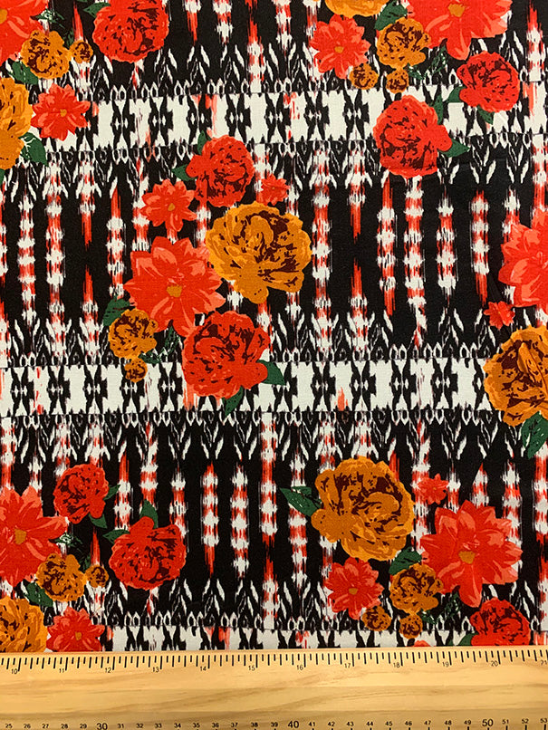 Red Rose Novelty Stripe Print Rayon Challis Fabric