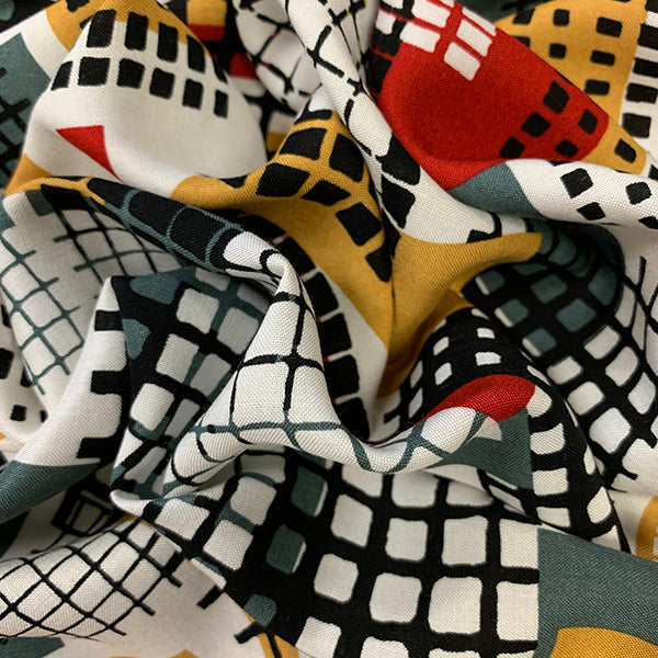 1 7/8 YD PC-Gold and Black Abstract Print Rayon Challis Fabric