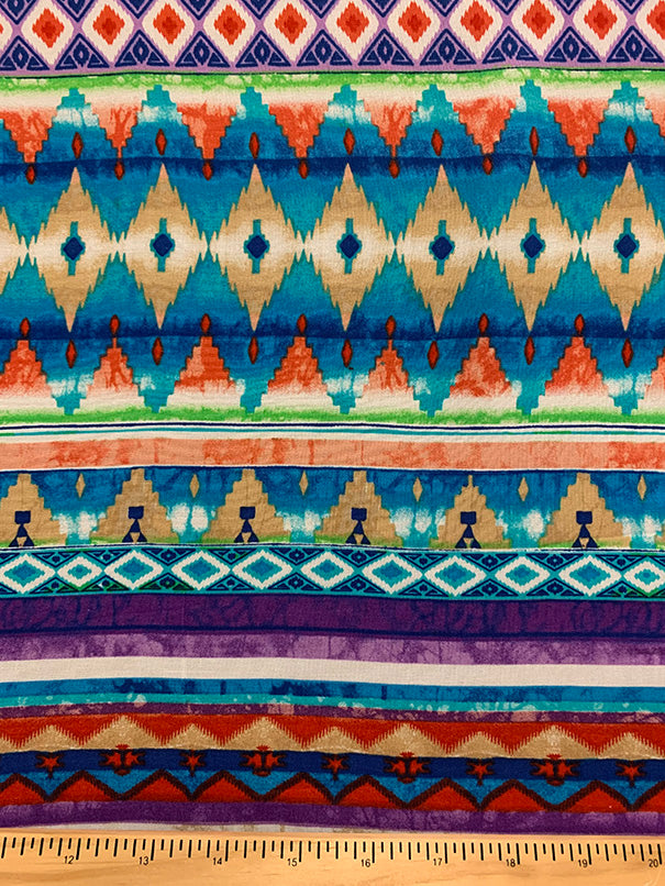 Turquoise Tie Dye Aztec Stripe Print Rayon Challis Fabric