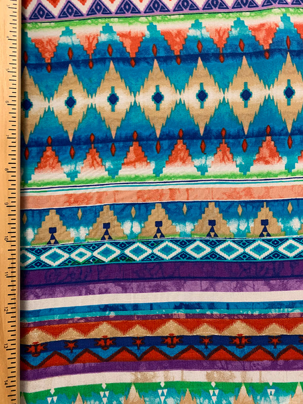 Turquoise Tie Dye Aztec Stripe Print Rayon Challis Fabric