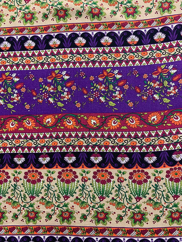 Purple Multi Floral Stripe Print Rayon Challis Fabric