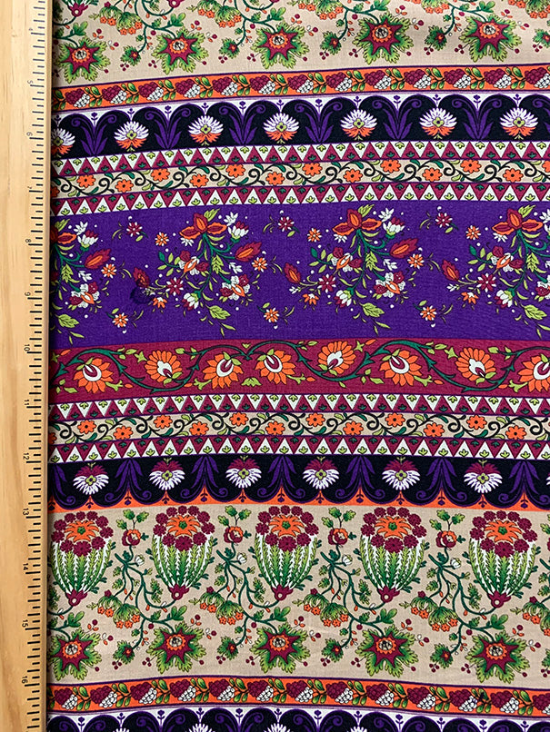 Purple Multi Floral Stripe Print Rayon Challis Fabric