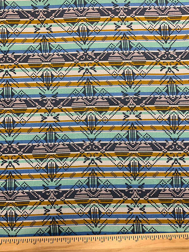 6 1/2 YD PC-Blue and Gold Multi Stripe Print Rayon Challis Fabric
