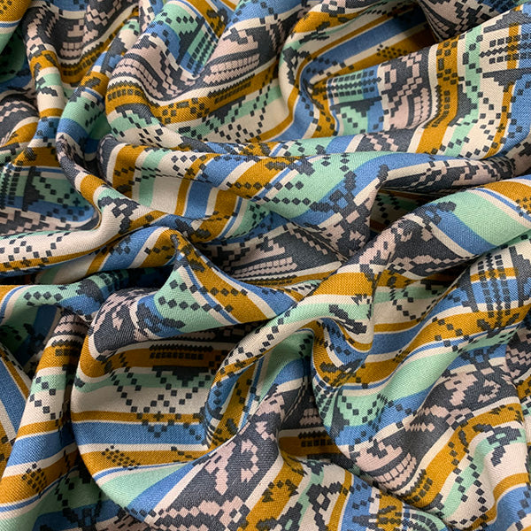 6 1/2 YD PC-Blue and Gold Multi Stripe Print Rayon Challis Fabric