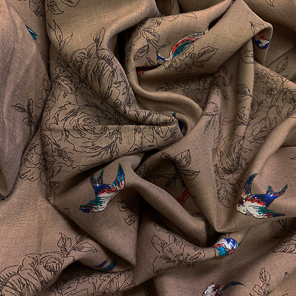 Tan Bird Print Rayon Challis Fabric