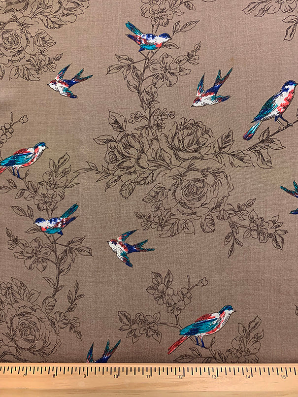 Tan Bird Print Rayon Challis Fabric