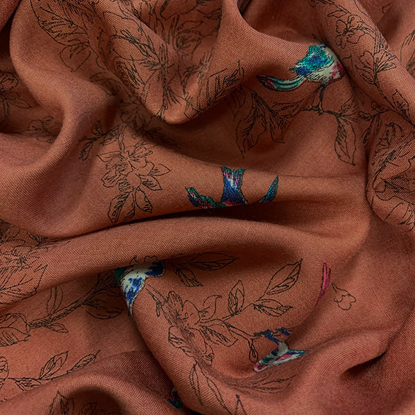 Copper Bird Print Rayon Challis Fabric