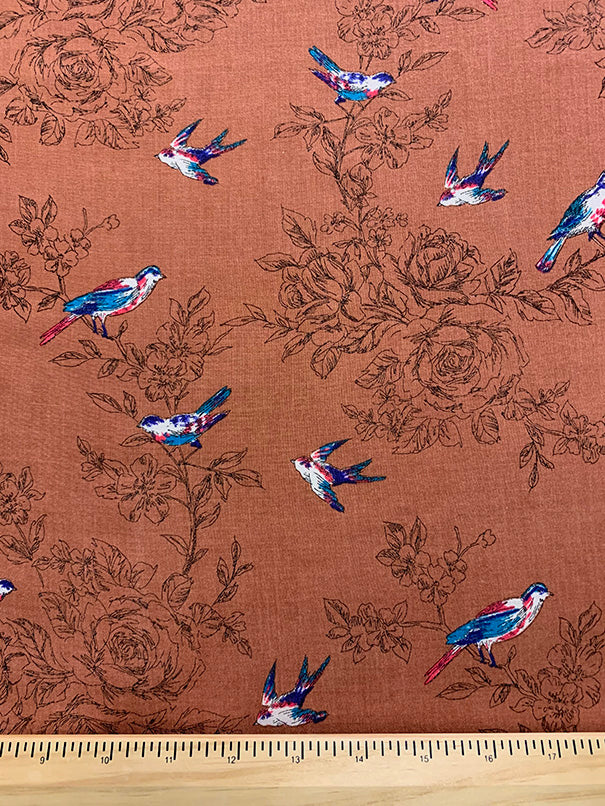 Copper Bird Print Rayon Challis Fabric