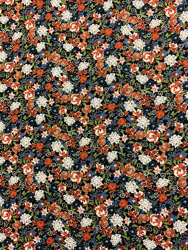 Black and Rust Multi Floral Print Rayon Challis Fabric