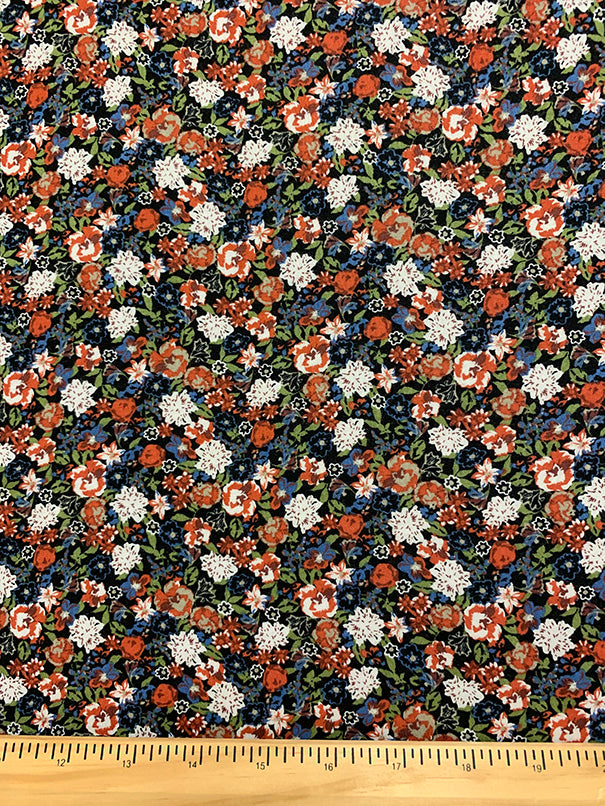 Black and Rust Multi Floral Print Rayon Challis Fabric