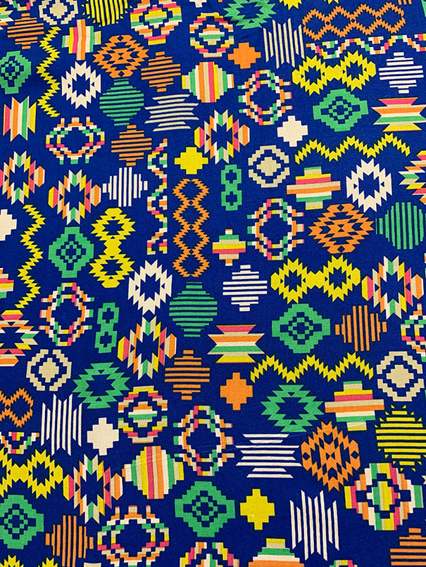 Blue Multi Color Aztex Print Rayon Challis Fabric