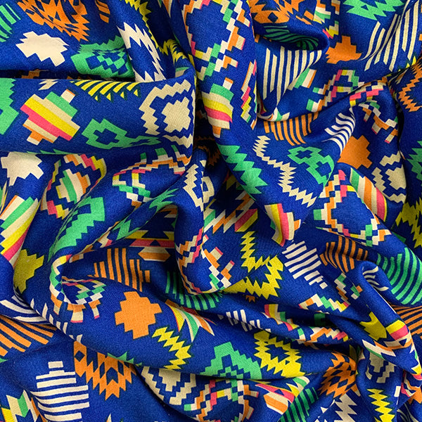 Blue Multi Color Aztex Print Rayon Challis Fabric