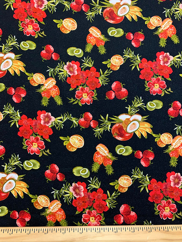2 YD PC-Black Fruit Print Rayon Challis Fabric