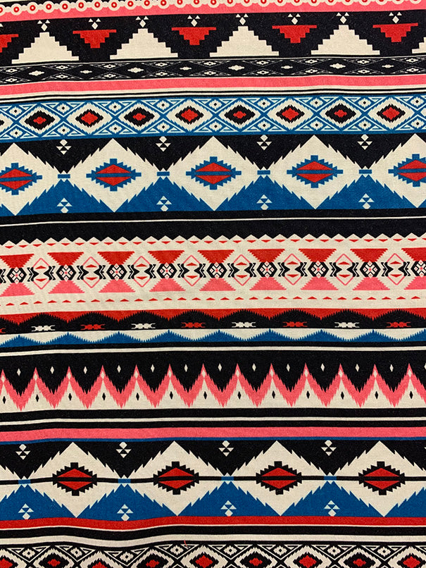Blue and Pink Multi Aztec Stripe Print Rayon Chalils Fabric