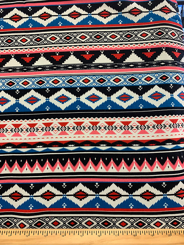 Blue and Pink Multi Aztec Stripe Print Rayon Chalils Fabric