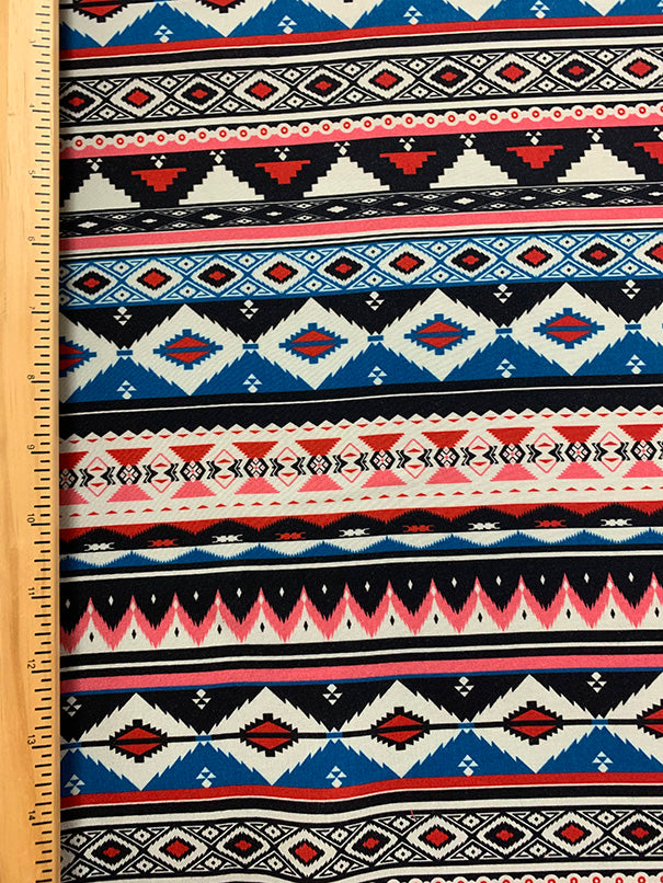 Blue and Pink Multi Aztec Stripe Print Rayon Chalils Fabric