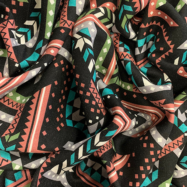 Rose and Teal Multi Broken Chevron Print Rayon Challis Fabric