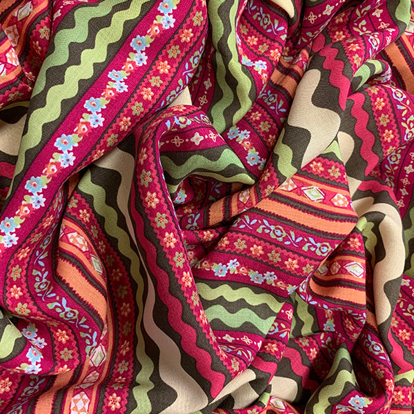 Magenta Multi Stripe Print Rayon Challis Fabric