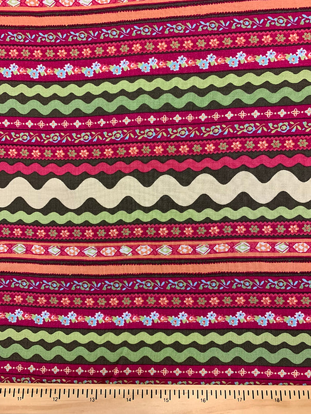 Magenta Multi Stripe Print Rayon Challis Fabric