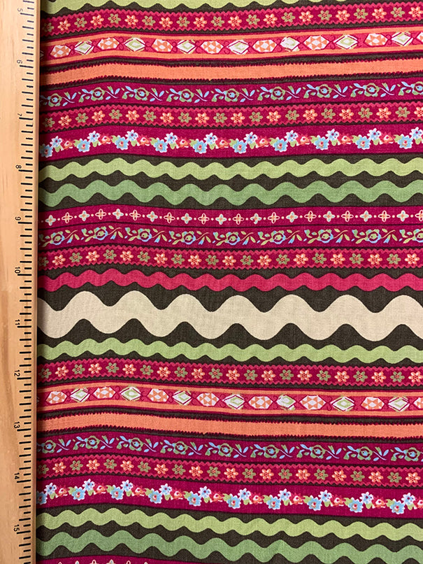 Magenta Multi Stripe Print Rayon Challis Fabric