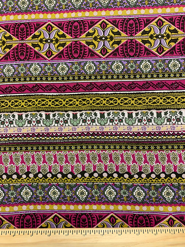 Purple and Magenta Multi Stripe Print Rayon Challis Fabric