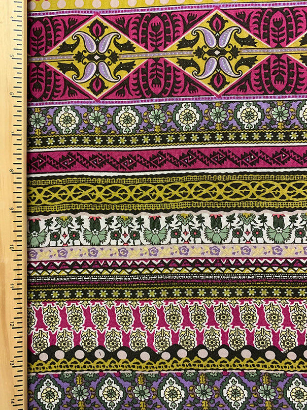 Purple and Magenta Multi Stripe Print Rayon Challis Fabric