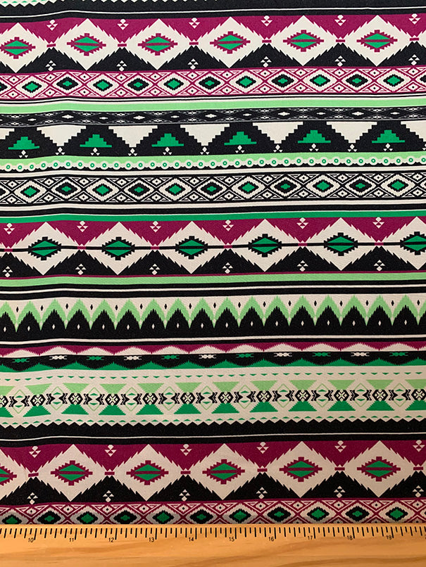 Lime and Magenta Multi Aztec Stripe Print Rayon Challis Fabric