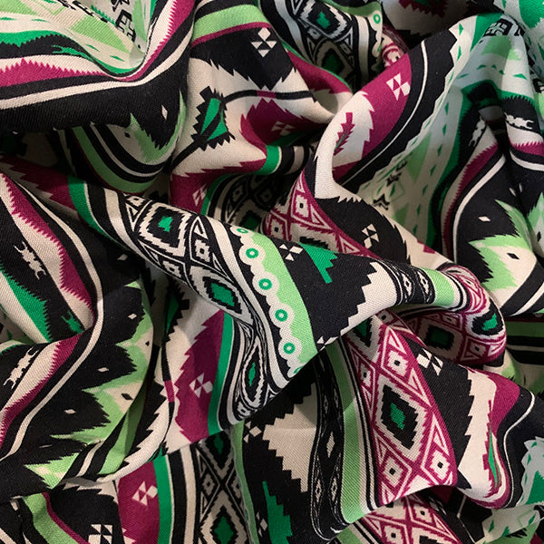 Lime and Magenta Multi Aztec Stripe Print Rayon Challis Fabric