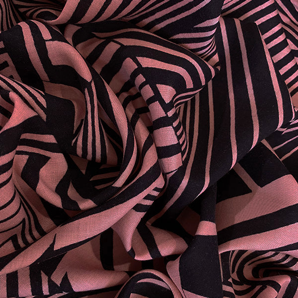 2 YD PC-Peach and Black Print Rayon Challis Fabric