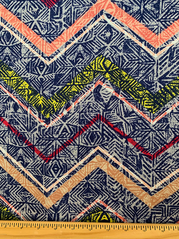 Beige and Navy Aztec Multi Print Rayon Challis Fabric