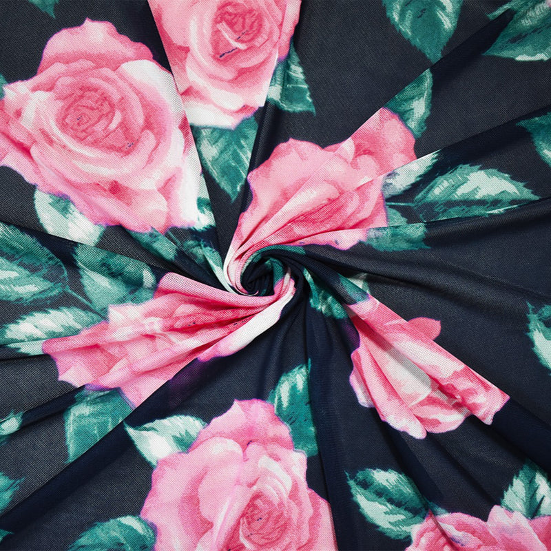 Black-Multi Poly Stretch Spandex Floral Printed Mesh Knit Fabric