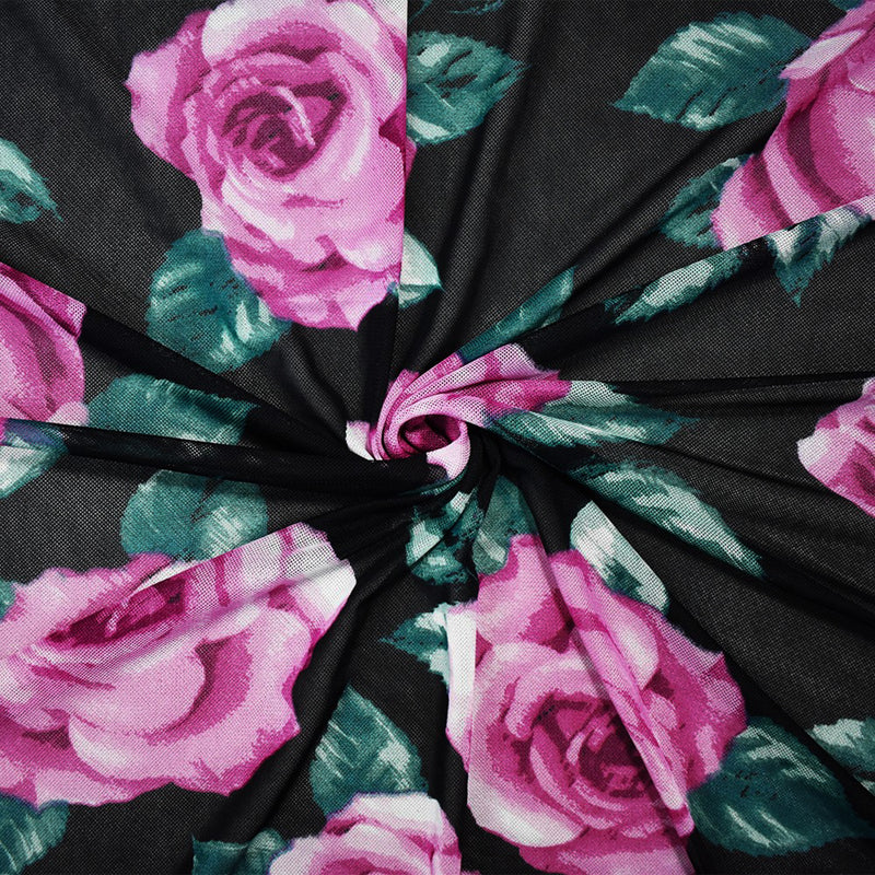 Black-Multi Poly Stretch Spandex Floral Printed Mesh Knit Fabric
