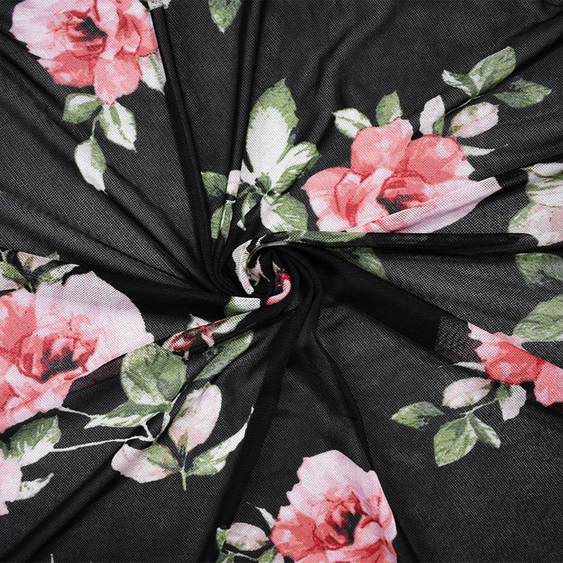Black-Multi Poly Stretch Spandex Floral Printed Mesh Knit Fabric