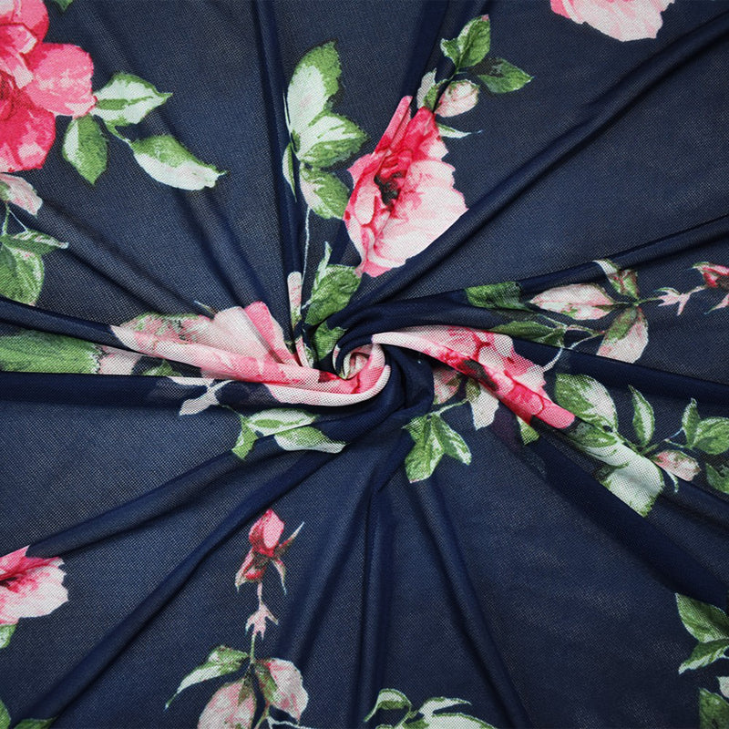 Deep Blue-Multi Poly Stretch Floral Printed Mesh Knit Fabric