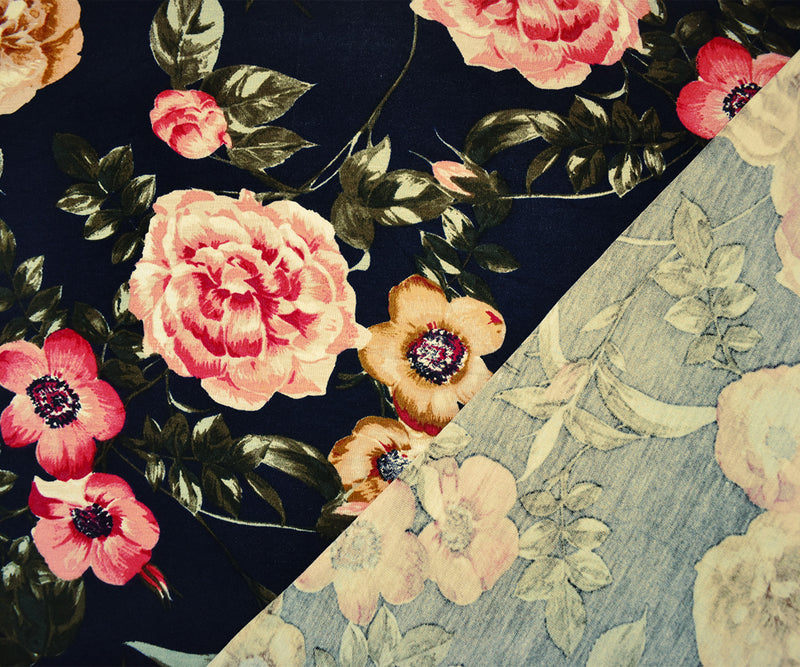 Blue-Multi Rayon Stretch Spandex Floral Print Jersey Knit Fabric