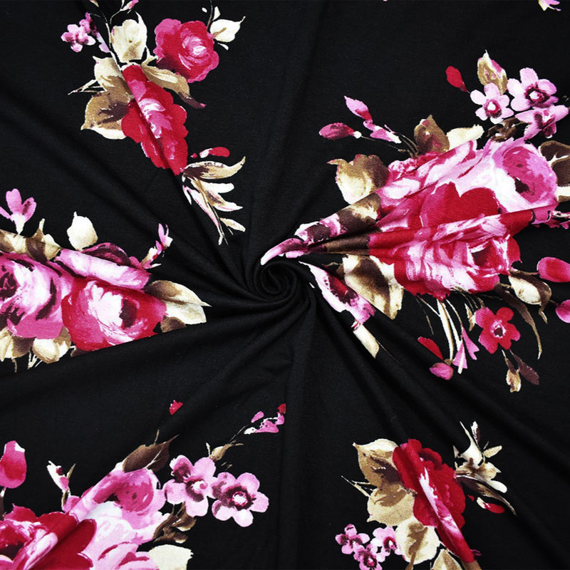 Black-Multi Rayon Stretch Spandex Floral Printed Jersey Knit Fabric