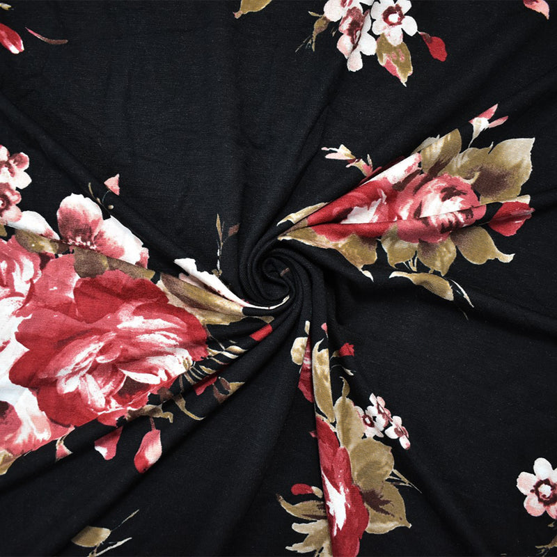 Black-Multi Rayon Stretch Spandex Floral Print Jersey Knit Fabric
