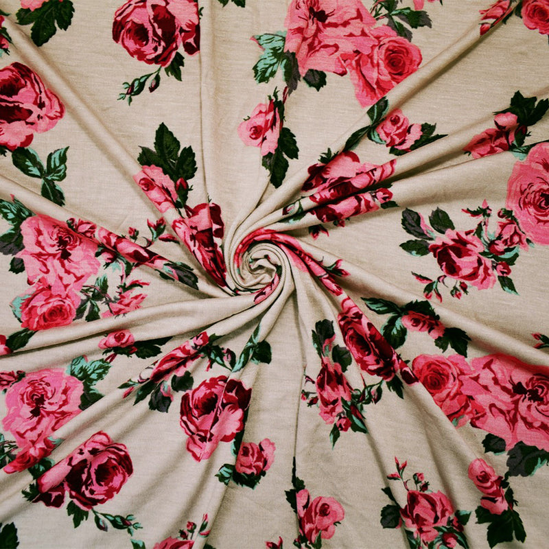 Beige-Multi Rayon Stretch Spandex Floral Print Jersey Knit Fabric