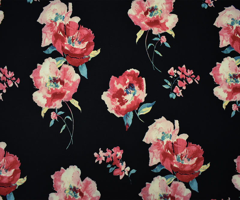 Black-Multi Poly Stretch Floral Printed Brushed Jersey Knit Fabric